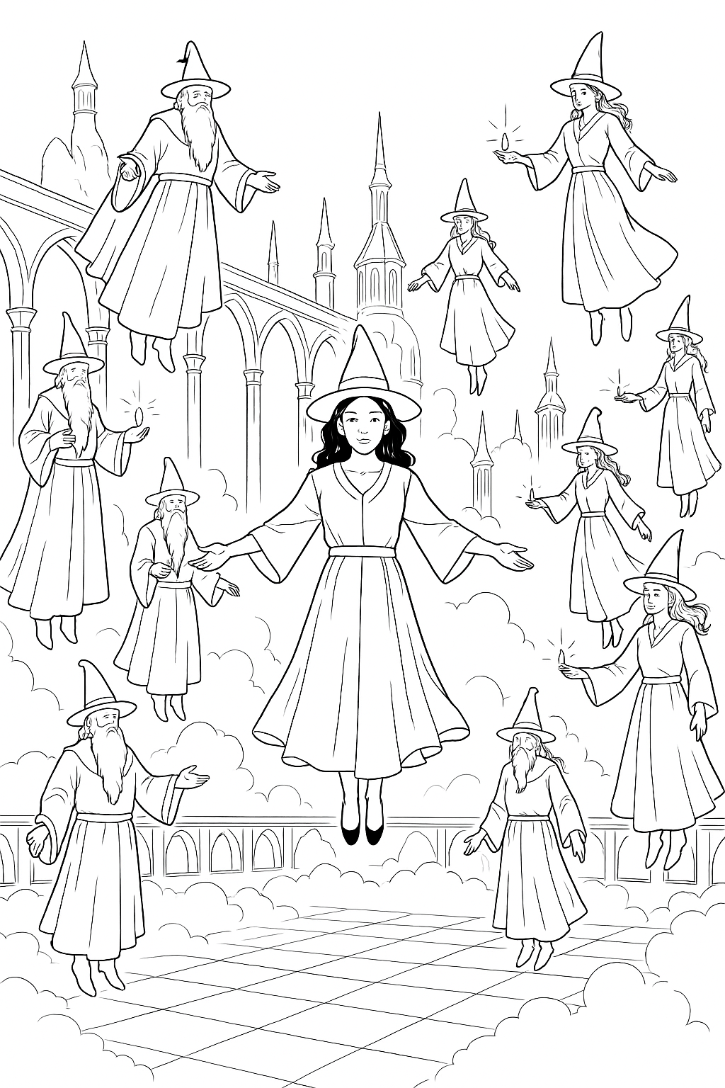 Coloring page of Levitating Magic Users