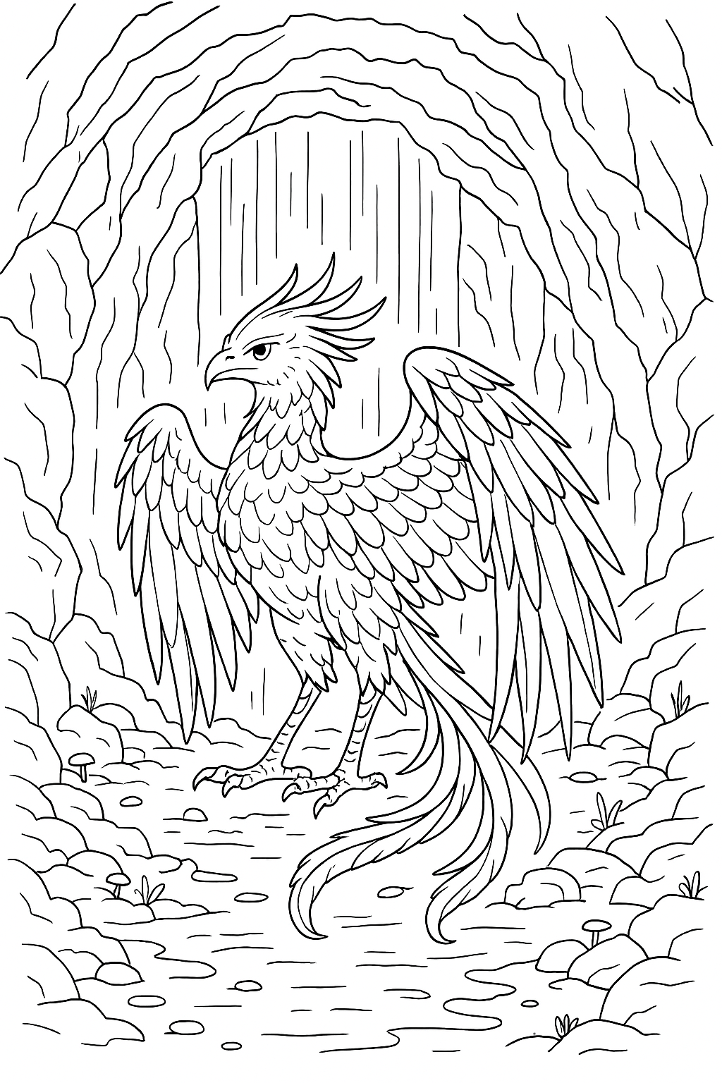 Coloring page of Phoenixes In Caves