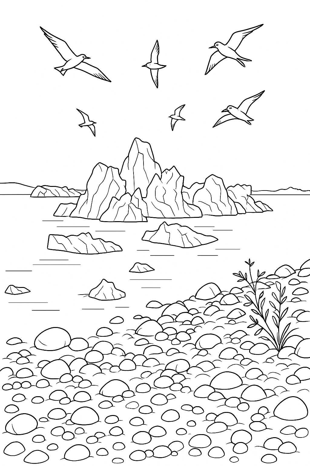 Coloring page of Icebergs And Gliding Birds
