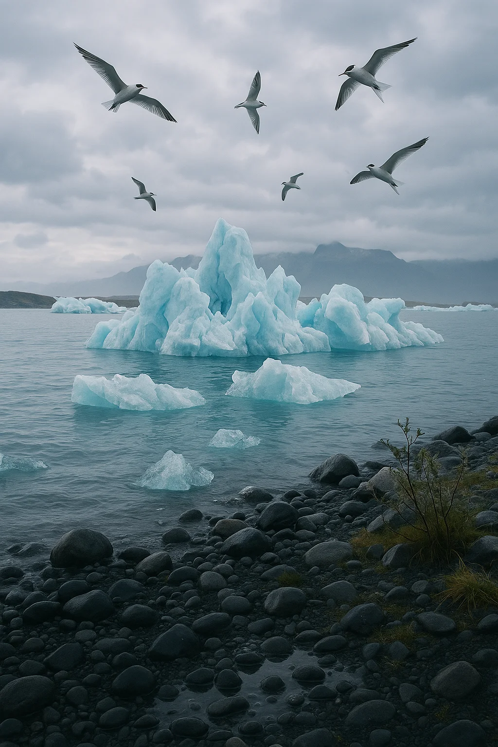 Original Icebergs And Gliding Birds