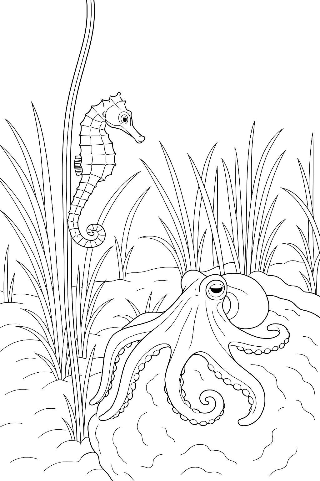 Coloring page of Seahorse Seagrass Octopus